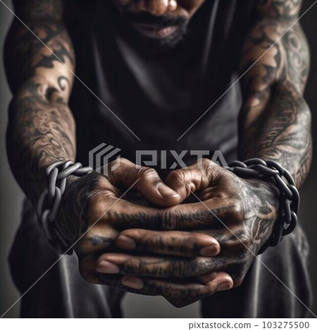 Black Prisoners Tattoo Hands Wrists in Shackles. Generative ai 103275500