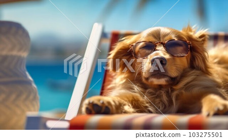 Dog Puppy Lying on Sunbed Sunbathing at Beach Sea on Summer Vacation. Generative ai 103275501