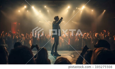 Singer Performing on Concert Stage, Surrounded by Energetic Crowd and Illuminated by Stage Lights. Generative ai 103275508