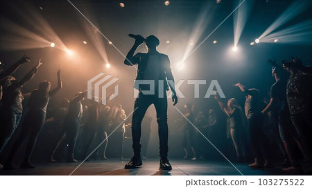 Singer Performing on Concert Stage, Surrounded by Energetic Crowd and Illuminated by Stage Lights. Generative ai 103275522