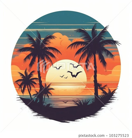 Retro Sunset Beach Design with Palm Trees Logo. Generative ai 103275523