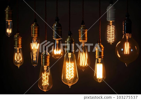Decorative Antique Retro Edison Light Bulbs on Dark Background. Generative ai Decorative Antique Retro Edison Light Bulbs on Dark Background. Generative ai 103275537