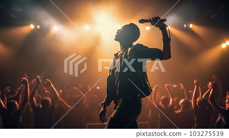 Singer Performing on Concert Stage, Surrounded by Energetic Crowd and Illuminated by Stage Lights. Generative ai Singer Performing on Concert Stage, Surrounded by Energetic Crowd and Illuminated by Stage Lights. Generative ai 103275539