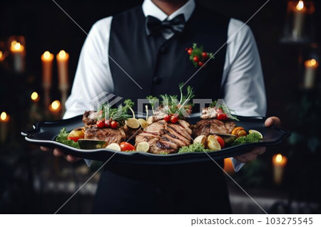 Waiter Carrying Plates with Meat Dish. Generative ai 103275545