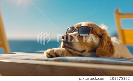 Dog Puppy Lying on Sunbed Sunbathing at Beach Sea on Summer Vacation. Generative ai Dog Puppy Lying on Sunbed Sunbathing at Beach Sea on Summer Vacation. Generative ai 103275552