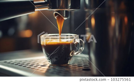 Espresso Machine Pouring Coffee into Cup Close-up. Generative ai Espresso Machine Pouring Coffee into Cup Close-up. Generative ai 103275561