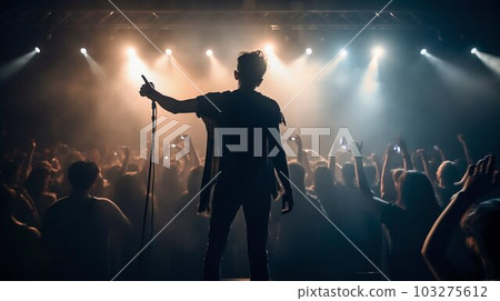 Singer Performing on Concert Stage, Surrounded by Energetic Crowd and Illuminated by Stage Lights. Generative ai Singer Performing on Concert Stage, Surrounded by Energetic Crowd and Illuminated by Stage Lights. Generative ai 103275612