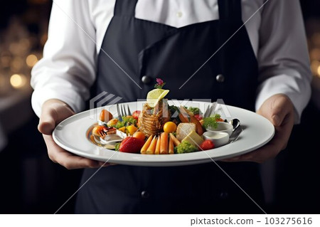 Waiter Carrying Plate with Fancy Food, Served Michelin Style. Generative ai 103275616