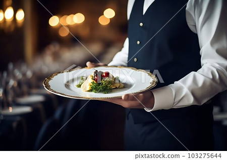 Waiter Carrying Plate with Fancy Food, Served Michelin Style. Generative ai 103275644