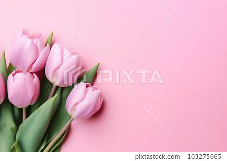 Spring Tulip Flowers on Pink Background, Top View in Flat Lay Style. Generative ai 103275665