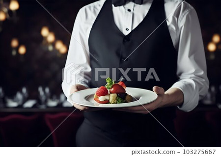 Waiter Carrying Plate with Fancy Food, Served Michelin Style. Generative ai Waiter Carrying Plate with Fancy Food, Served Michelin Style. Generative ai 103275667