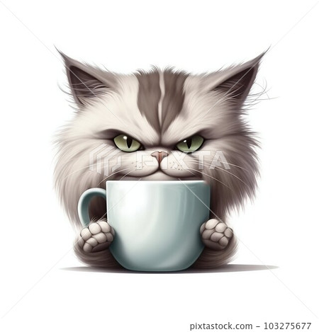 Cat Holding Cup of Coffee between Front Paws Isolated on White Background. Generative ai Cat Holding Cup of Coffee between Front Paws Isolated on White Background. Generative ai 103275677