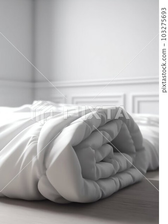 Folded Soft White Fluffy and Thick Duvet against White Background Interior. Generative ai Folded Soft White Fluffy and Thick Duvet against White Background Interior. Generative ai 103275693