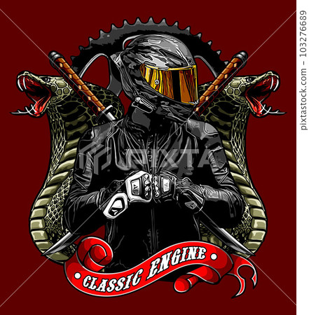 biker being flanked by two snakes carrying two swords biker being flanked by two snakes carrying two swords 103276689