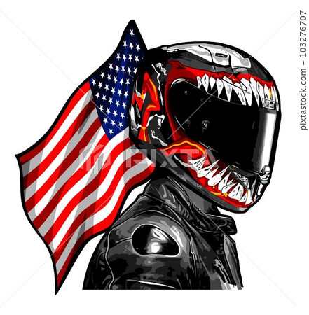 biker with satanic variant helmet and america flag 103276707