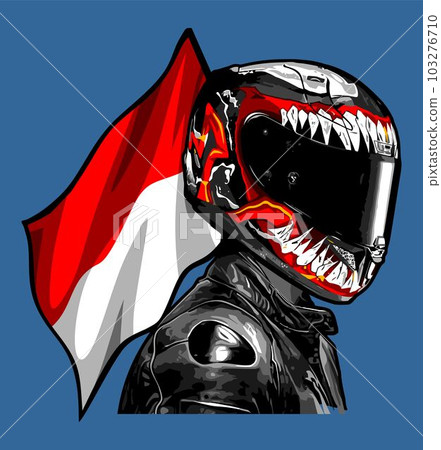 biker with satanic variant helmet and indoneisa flag biker with satanic variant helmet and indoneisa flag 103276710