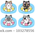 A set of 4 types of illustrations of cats in goggles floating in water using a floating ring (calico cat, Siamese cat, rusty cat, spotted cat) 103278556
