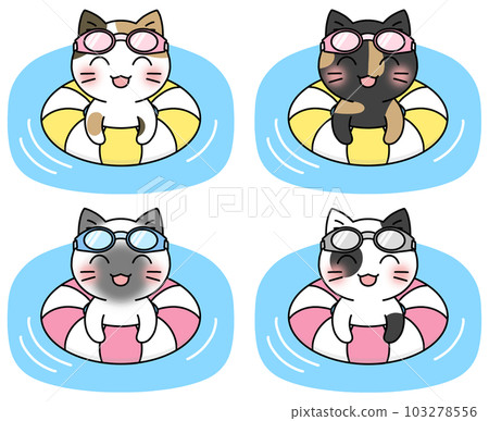 A set of 4 types of illustrations of cats in goggles floating in water using a floating ring (calico cat, Siamese cat, rusty cat, spotted cat) 103278556