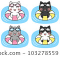 A set of 4 types of illustrations of cats in goggles floating in water using a floating ring (white cat, black cat, gray cat, Hachiware) 103278559