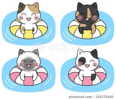 A set of 4 types of illustrations of cats floating in water using floats (calico cat, Siamese cat, rusty cat, spotted cat) A set of 4 types of illustrations of cats floating in water using floats (calico cat, Siamese cat, rusty cat, spotted cat) 103278560