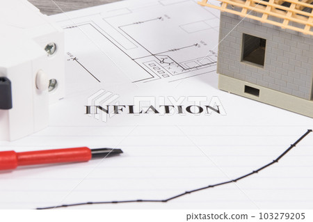 Inscription inflation with electric fuse, work tools, house under construction and electrical plan Inscription inflation with electric fuse, work tools, house under construction and electrical plan 103279205