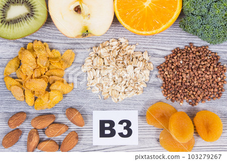 Various products or ingredients containing natural vitamin B3 and minerals Various products or ingredients containing natural vitamin B3 and minerals 103279267