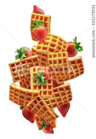 Belgian waffles with fresh strawberries isolated on a white background. 103279591