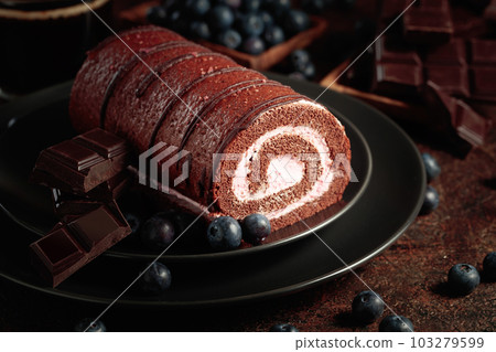 Chocolate roll cake with blueberries and a broken chocolate bar. 103279599