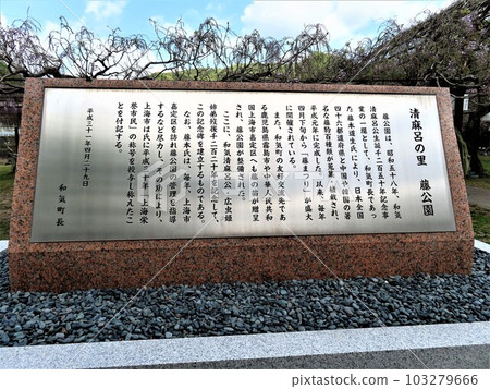Explanation signboard of Wake wisteria park in Wake town, Okayama prefecture, which is famous for Wake no Kiyomaro 103279666
