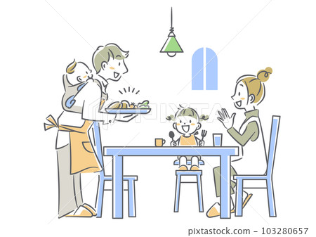A young father who takes childcare leave and cooks Simple and stylish line drawing illustration 103280657