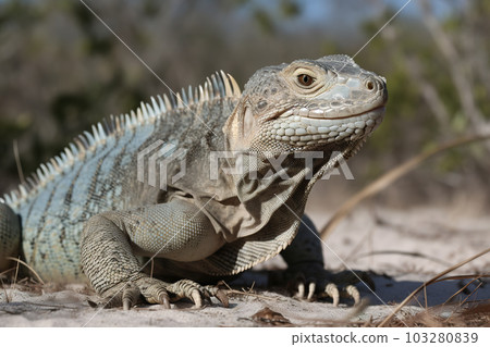 Image of an iguana on the sand. Reptile. Wildlife Animals. Illustration. Generative AI. 103280839
