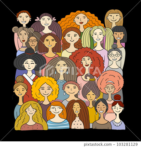 Women community. Big female family. Group of pretty girls. Team of girls. Art frame for your design Women community. Big female family. Group of pretty girls. Team of girls. Art frame for your design 103281129