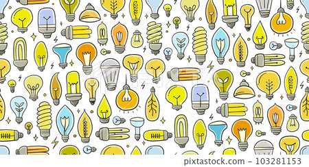 Light bulbs collection. Ecology Concept art. Symbol of creativity, innovation, inspiration, invention and idea. Hand drawn style, seamless pattern background for your design 103281153