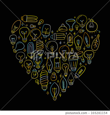 Light bulbs collection. Modern and retro set. Heart shape for your design Light bulbs collection. Modern and retro set. Heart shape for your design 103281154