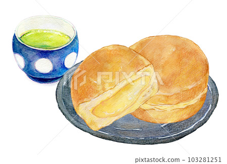 A set of tea and Japanese sweets large-sized grilled watercolor illustration 103281251
