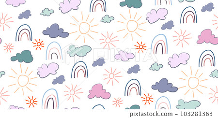 Pastel seamless pattern with rainbows, clouds, sun Pastel seamless pattern with rainbows, clouds, sun 103281363