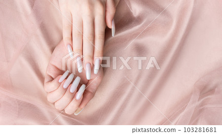 A woman's hands with a manicure on them, the nails are painted in a white color. A woman's hands with a manicure on them, the nails are painted in a white color. 103281681