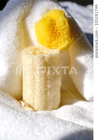 Loofah washcloth and organic sea sponge on the background of towel. Loofah washcloth and organic sea sponge on the background of towel. 103281744