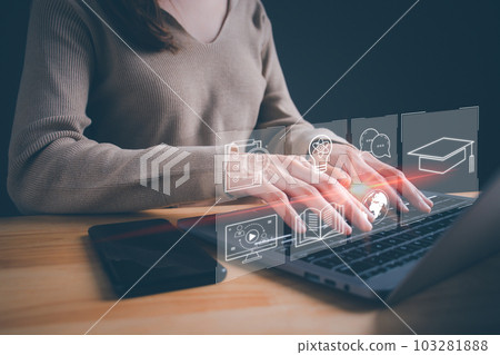 Woman use online education training. Concept of online education, digital courses to develop new skills, e-learning webinar on internet for personal development. 103281888