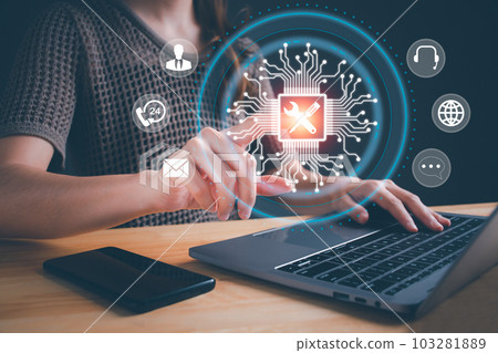 Businesswoman hand touching service support customer help call center business technology button on virtual screen. Technical support customer service, Customer help, business technology concept. 103281889