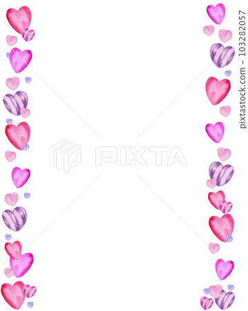 watercolor border with heart to Valentine day theme, hand draw illustration, pink and lilac colour frame on white background 103282057
