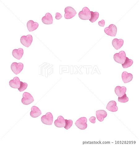 watercolor round frame with heart to Valentine day theme, hand draw illustrationof wreath, pink and lilac colour border on white background watercolor round frame with heart to Valentine day theme, hand draw illustrationof wreath, pink and lilac colour border on white background 103282059