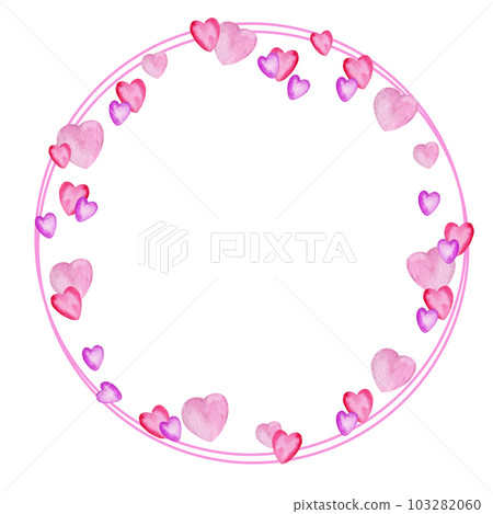 watercolor round frame with heart to Valentine day theme, hand draw illustrationof wreath, pink and lilac colour border on white background watercolor round frame with heart to Valentine day theme, hand draw illustrationof wreath, pink and lilac colour border on white background 103282060