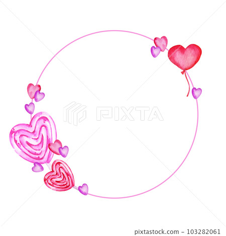 watercolor round frame with heart to Valentine day theme, hand draw illustration, pink and lilac colour border on white background watercolor round frame with heart to Valentine day theme, hand draw illustration, pink and lilac colour border on white background 103282061