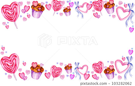 watercolor border with heart to Valentine day theme, hand draw illustration, pink and lilac colour frame on white background 103282062