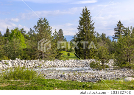 Bansko, Bulgaria spring river, snow Rila mountains 103282708