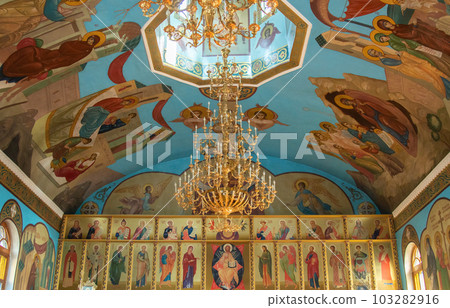 SHYMKENT, KAZAKHSTAN - JANUARY 24, 2023: Interior in the temple in honor of the icon of the Kazan Mother of God, Kazakhstan 103282916