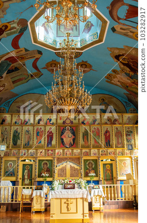 SHYMKENT, KAZAKHSTAN - JANUARY 24, 2023: interior of the temple in honor of the icon of the Mother of God of Kazan, Kazakhstan SHYMKENT, KAZAKHSTAN - JANUARY 24, 2023: interior of the temple in honor of the icon of the Mother of God of Kazan, Kazakhstan 103282917