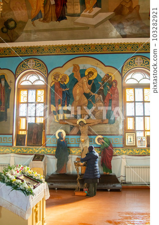 SHYMKENT, KAZAKHSTAN - JANUARY 24, 2023: Crucifixion of Jesus Christ in the Church of Our Lady of Kazan SHYMKENT, KAZAKHSTAN - JANUARY 24, 2023: Crucifixion of Jesus Christ in the Church of Our Lady of Kazan 103282921