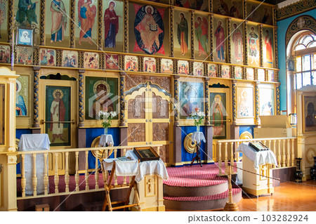 SHYMKENT, KAZAKHSTAN - JANUARY 24, 2023: interior of the temple in honor of the icon of the Mother of God of Kazan, Kazakhstan 103282924
